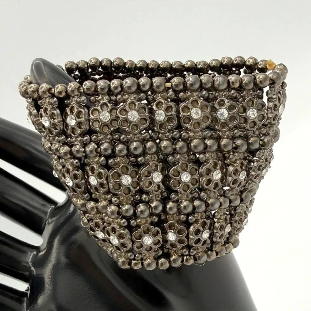 VTG Gunmetal Tone Floral Rhinestone Stretch Cuff Bracelet Wide Beaded Stacked